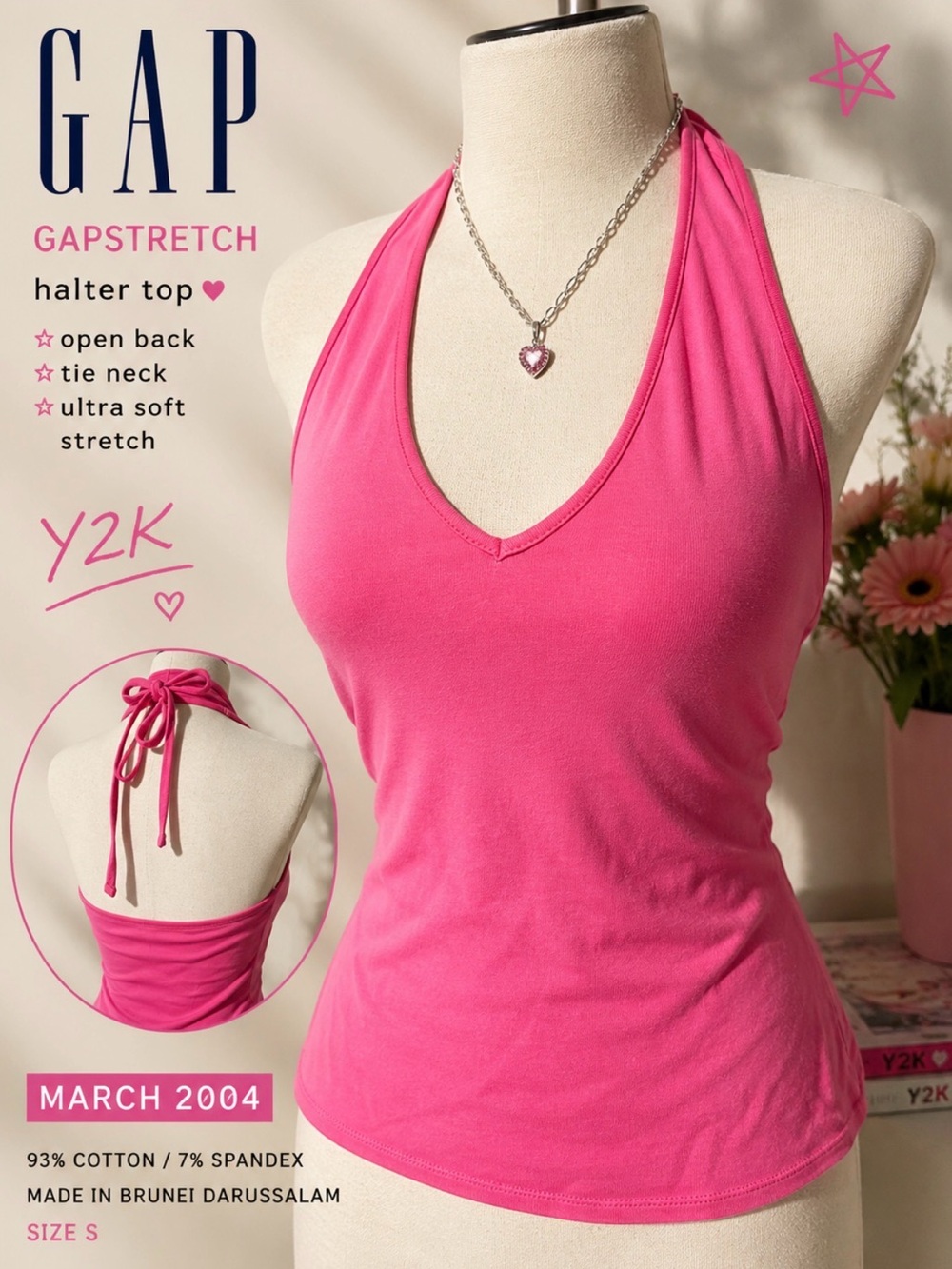 Vintage 2004 GAPSTRETCH Hot Pink Halter Top Y2K Deep V Open Back S RARE HTF